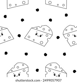 Queso kawaii lindo. Patrón sin fisuras. Página para colorear. Divertidos personajes de comida feliz. Menú del restaurante infantil. Estilo dibujado a mano. Dibujo de Vector. Diseña adornos.
