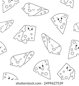 Cute kawaii cheese. Seamless pattern. Coloring Page. Funny happy food characters. Childrens restaurant menu. Hand drawn style. Vector drawing. Design ornaments.