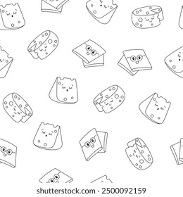 Cute kawaii cheese. Seamless pattern. Coloring Page. Funny happy food characters. Childrens restaurant menu. Hand drawn style. Vector drawing. Design ornaments.