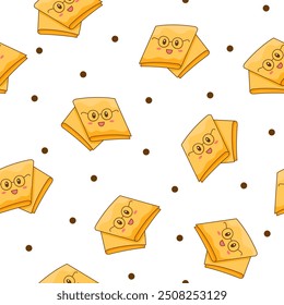 Cute kawaii cheese. Seamless pattern. Funny happy food characters. Childrens restaurant menu. Hand drawn style. Vector drawing. Design ornaments.