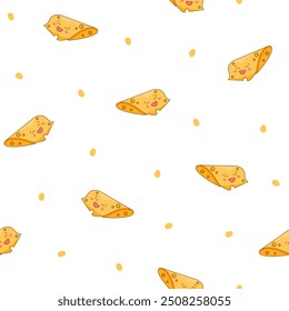 Cute kawaii cheese. Seamless pattern. Funny happy food characters. Childrens restaurant menu. Hand drawn style. Vector drawing. Design ornaments.