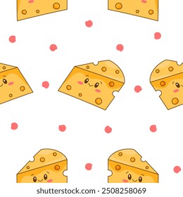 Queso kawaii lindo. Patrón sin fisuras. Divertidos personajes de comida feliz. Menú del restaurante infantil. Estilo dibujado a mano. Dibujo de Vector. Diseña adornos.