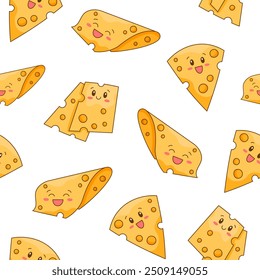 Cute kawaii cheese. Seamless pattern. Funny happy food characters. Childrens restaurant menu. Hand drawn style. Vector drawing. Design ornaments.