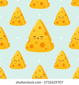 Nettes Kawaii-Käse-Keilmuster mit lächelnden Gesichtern, hellgelber, nahtloser, sich wiederholender Hintergrund, ideal für Kinderverpackungen, Tapeten, Stoff, Packpapier und spielerische Lebensmitteldesigns
