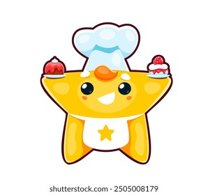 Personaje de estrella de chef kawaii lindo con pasteles de pastelería, emoji de Vector de dibujos animados. Divertida estrella kawaii de cómic con sonrisa feliz en la cara en el sombrero del chef y delantal con magdalenas de panadería y cupcakes para el emoji del niño