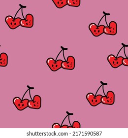 Cute Kawaii Cherries vector seamless pattern multicolored pastel created for young children clothing, textile, wrapping paper,