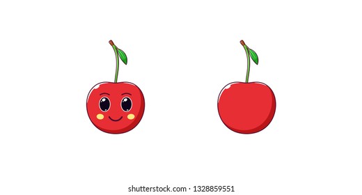 Cute Kawaii Cherry, Cartoon Ripe Fruit. Vector illustration of Cartoon Red Cherry with Kind Eyes and Smile, Funny Emoji. Juicy Fruity Sticker. Child Print for T-shirt. Friendly and Tasty Character