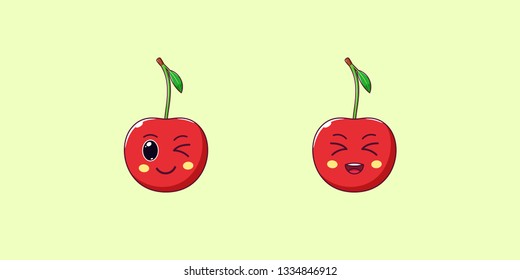 Cute Kawaii Cherry, Cartoon Ripe Fruit. Vector illustration of Cartoon Red Cherry with Winking and Laughing Face, Funny Emoji. Juicy Fruity Sticker. Print for T-shirt. Friendly Character