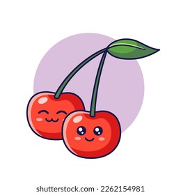 Cute Kawaii Cherry character. Vector hand drawn cartoon icon illustration. Cherry character in doodle style. Isolated on white background.