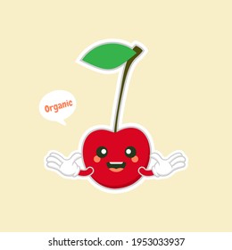 Cute And Kawaii Cherry Characters.Fruit Design With Cherry Vector Characters.Cute Cherry Character, Cherry Cartoon Vector Illustration. Cute Fruit Vector Character Isolated On Color Background.