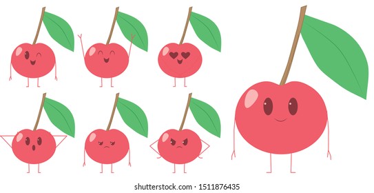 Cute Kawaii cherry, different expressions. fruit cherry-Vector

