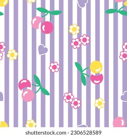 Cute kawaii cherry heart daisy stripes pink purple lunch seamless pattern