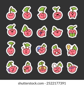 Cute kawaii cherry. Sticker Bookmark. Charming fruit character. Hand drawn style. Vector drawing. Collection of design elements.