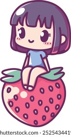 Cute Kawaii chibi girl sitting on top of a strawberry