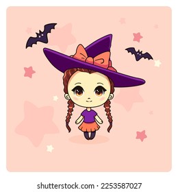 Cute and kawaii chibi Girl. Witch in hat and with bats.