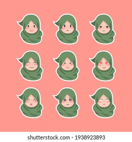 Cute kawaii chibi head muslimah emoji vector character