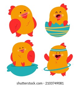 Cute kawaii chicken characters vector cartoon set isolated on a white background.
