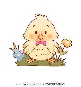 Cute Kawaii chicken. Easter element. Hand drawing vector illustration.