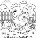 Cute kawaii a chicken family in the garden cartoon character coloring page vector illustration