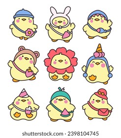 Cute kawaii chickens. Cartoon funny animals character with bag and hat. Hand drawn style. Vector drawing. Collection of design elements.