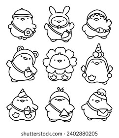 Cute kawaii chickens. Coloring Page. Cartoon funny animals character with bag and hat. Hand drawn style. Vector drawing. Collection of design elements.