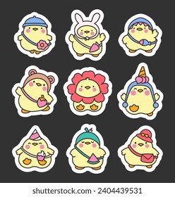 Cute kawaii chickens. Sticker Bookmark. Cartoon funny animals character with bag and hat. Hand drawn style. Vector drawing. Collection of design elements.