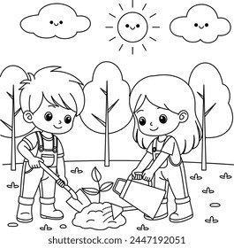 Cute kawaii Children are planting tree cartoon character coloring page vector illustration