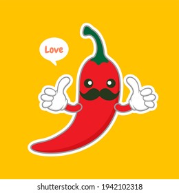 cute and kawaii chili character flat design vector illustration. can be used in restaurant menu, cooking books and organic farm label. Hot chili pepper cartoon character