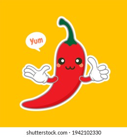 cute and kawaii chili character flat design vector illustration. can be used in restaurant menu, cooking books and organic farm label. Hot chili pepper cartoon character