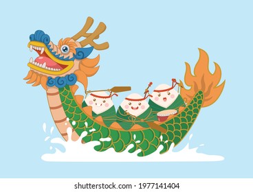 cute and kawaii chinese sticky rice zongzi characters riding dragon boat