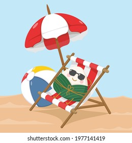 cute and kawaii chinese sticky rice dumpling zongzi character tanning on beach chair