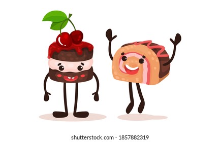 Cute Kawaii Chocolate Cake with Berry and Roulade with Face and Arms Vector Set