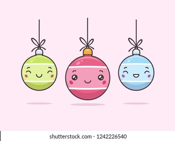 Cute Kawaii Christmas Baubles With Faces Vector Cartoon Illustration