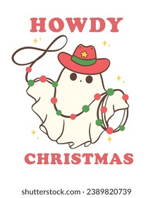 Cute and Kawaii Christmas Cowboy Ghost. Festive Holiday Cartoon Hand Drawing with Adorable Pose
