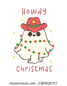 cute and kawaii Christmas cowboy ghost in a festive hand drawing. This adorable pose, with a hat and light, adds whimsy and joy to your festive projects.