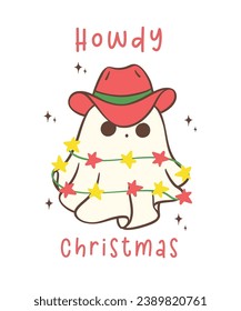 cute and kawaii Christmas cowboy ghost in a festive hand drawing. This adorable pose, with a hat and light, adds whimsy and joy to your festive projects.