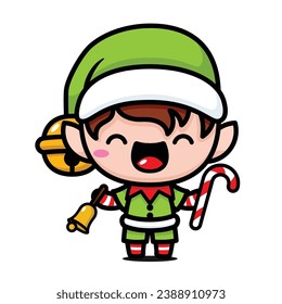 Cute And Kawaii Christmas Elf With Bell And Candy Cane