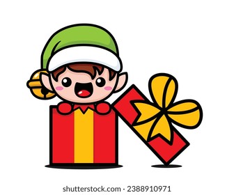Cute And Kawaii Christmas Elf In A Gift Box