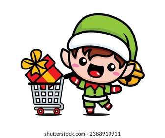 Cute And Kawaii Christmas Elf With Shopping Cart