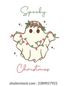 Cute and Kawaii Christmas Ghost. Festive Holiday Cartoon Hand Drawing with adorable pose.