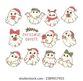 Cute and Kawaii Christmas Ghosts set. Festive Holiday Cartoon Hand Drawing with adorable pose.