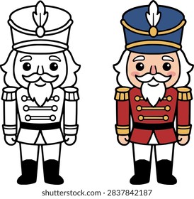 Симпатичный Kawaii Рождественский Щелкунчик Вектор PNG, Симпатичный Солдат Игрушка Щелкунчик Персонаж Раскраска Страница и Клипарт Линии, Прозрачный Фон