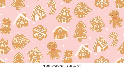 cute kawaii Christmas pattern seamless gingerbread hand drawing isolated on pink background