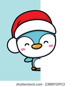 Cute And Kawaii Christmas Penguin Behind A Wall