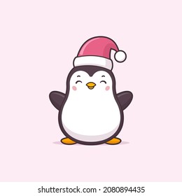 Cute kawaii Christmas penguin wearing Santa hat vector cartoon illustration