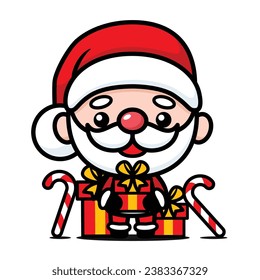 Cute And Kawaii Christmas Santa Claus Cartoon Character With Present Boxes