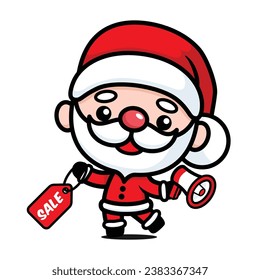 Cute And Kawaii Christmas Santa Claus Cartoon Character Wtih Megaphone And Sale Tag