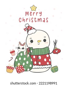 lindo muñeco de nieve de Navidad Santa con bolsa de regalos y gato, Feliz Navidad, dibujo de mano de dibujos de dibujos de dibujos de dibujos de dibujos de dibujos de dibujos vectores