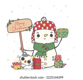 lindo muñeco de nieve feliz en el velo de invierno y sombrero con gato calico, vector de dibujo del doodle de navidad