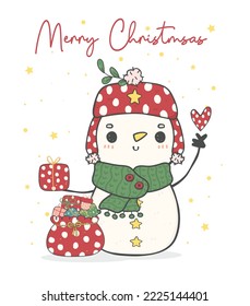 lindo y feliz muñeco de nieve en el velo de invierno y sombrero con bolsa de regalos y mini corazón, Merry Christmas doodle de dibujo vector